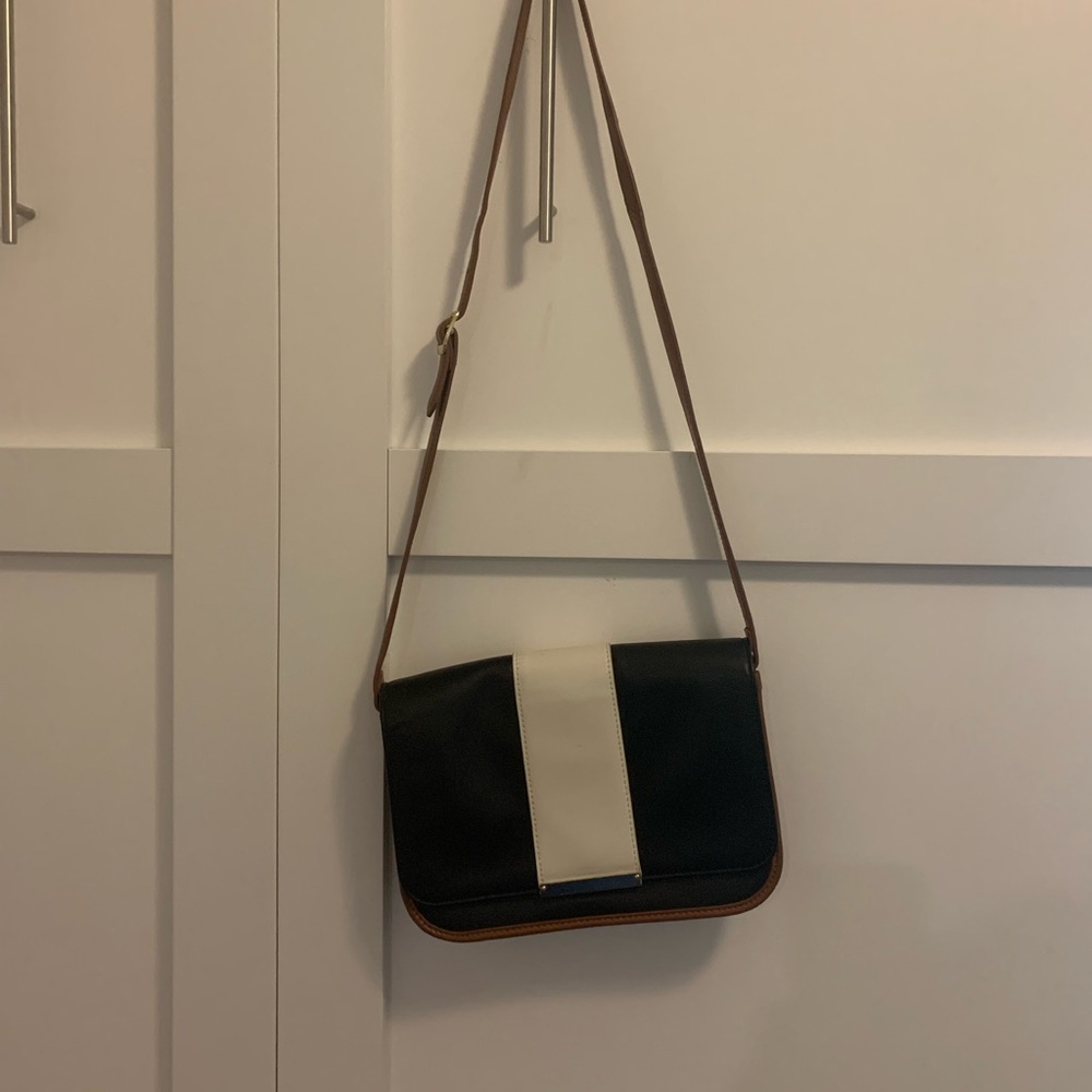 Black Crossbody Bag with Cream Center Stripe